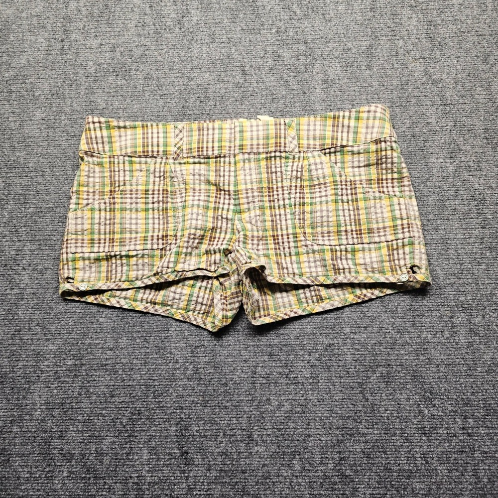 Guess Plaid Stretch Shorts Green Yellow Brown Y2K Low Rise Size 32 Y72F7904